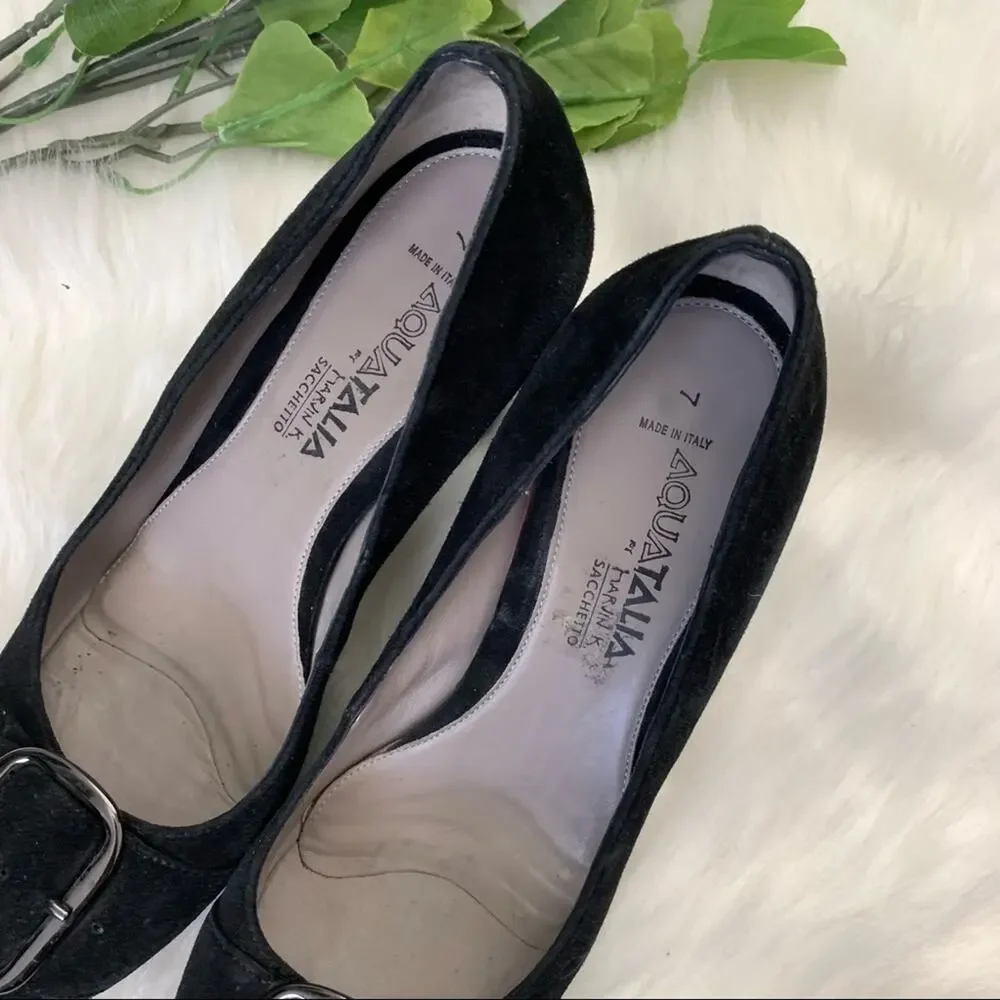 Aquatalia | Black Sacchetto Buckle Front Heel Pumps Round Toe Italy Women's 7